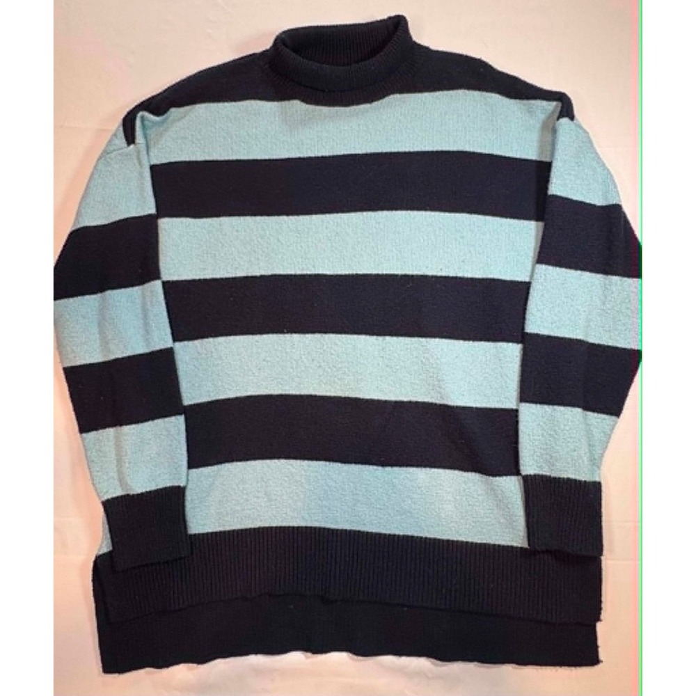 LOFT Striped Mock Neck Sweater Navy Baby Blue Horizontal Stripe Roll Neck Knit M